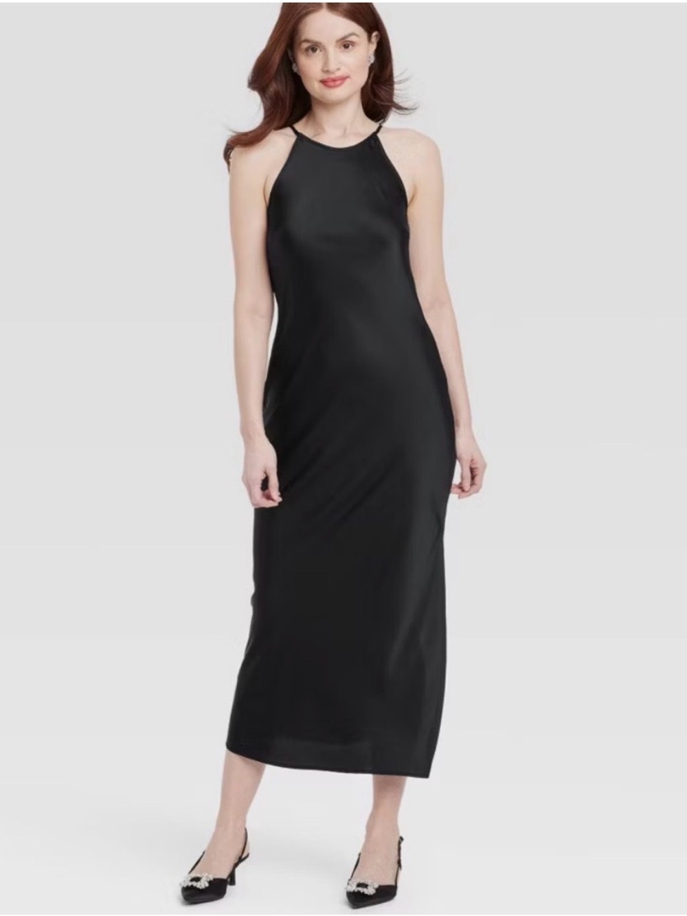 NWT Women's Satin Halter Maxi Slip Dress A New Day Black Sz L Evening Gown